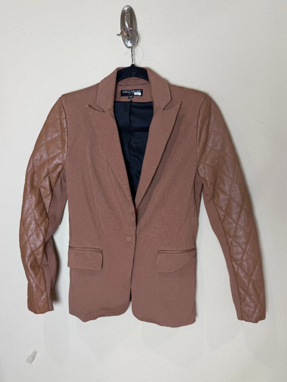 Central Park West Faux Leather Quilted Sleeve Blazer Jacket Camel Tan Size XS